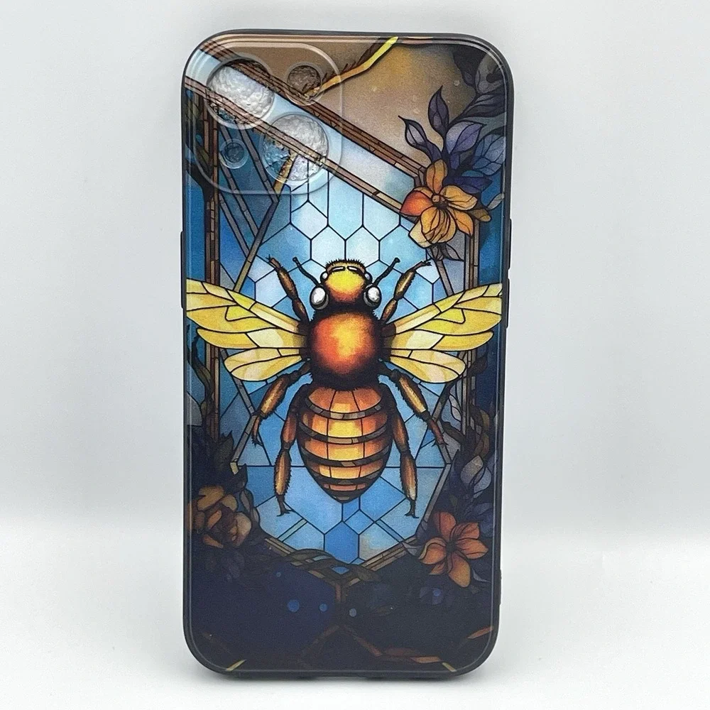 New iPhone 13 Bee Honeycomb Phone Case Stained Glass‎ Style Black Edge